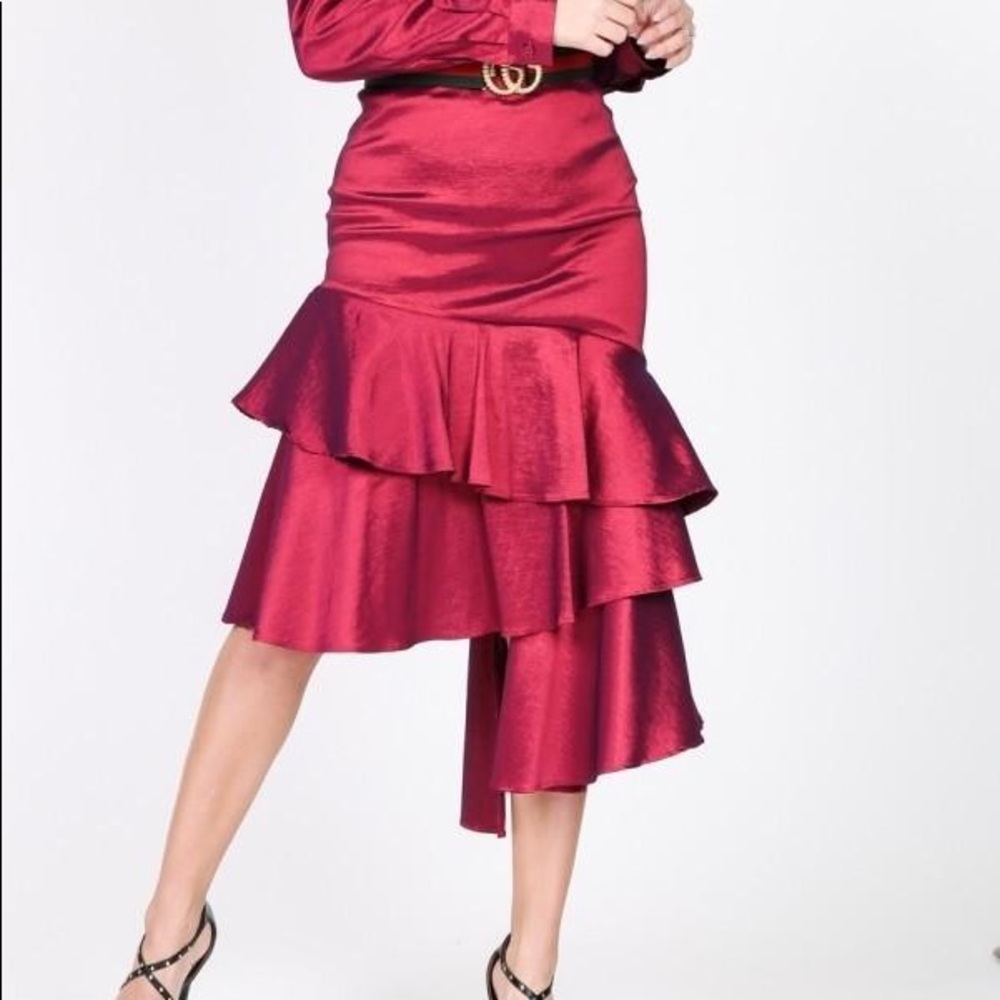 Asymmetrical Ruffle Bottom Satin Skirt - Picture 2 of 4